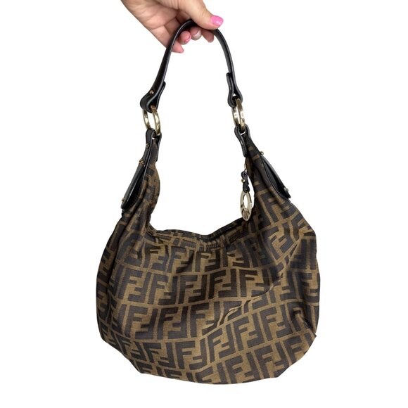 Vintage Fendi Tobacco Zucca Zip Hobo Bag Black Leather Trim - Picture 1 of 14